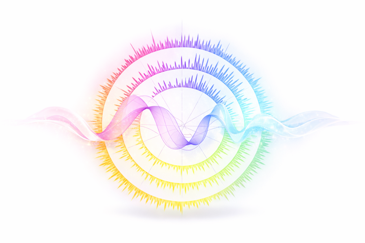 声紋分析により声の特性を可視化したカラフルな音波イメージ